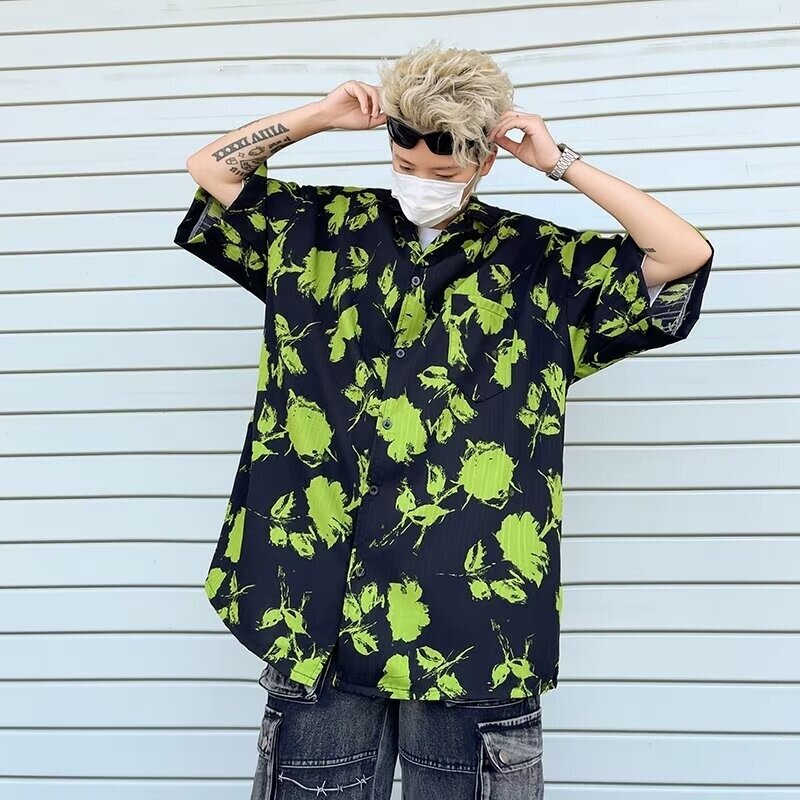 Koszula High Street Pippy Męska koszulka z krótkim rękawem w koreańskim stylu żakardowa 2024 Letni luźny płaszcz na Instagramie