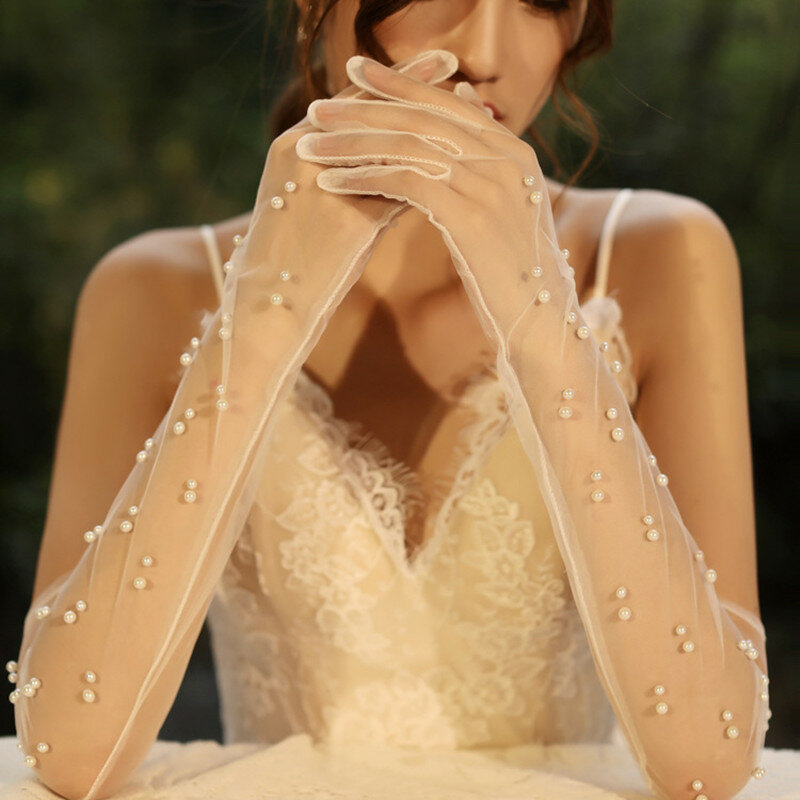 Robe de mariée longue sans doigts avec perles, gants menstruels, mariée