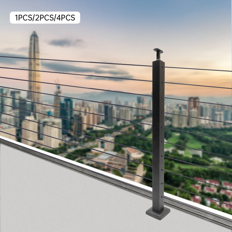 Cable Railing Post 36"x2"x2" Adjustable Top Level drilled Post Level Line Post Top Mount Stainless Steel Black