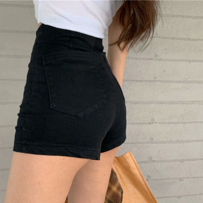 Shorts monocromáticos estilo americano para mulheres, cintura alta, streetwear simples e magro de quadril, clássico e sexy, populares no verão, gostosas