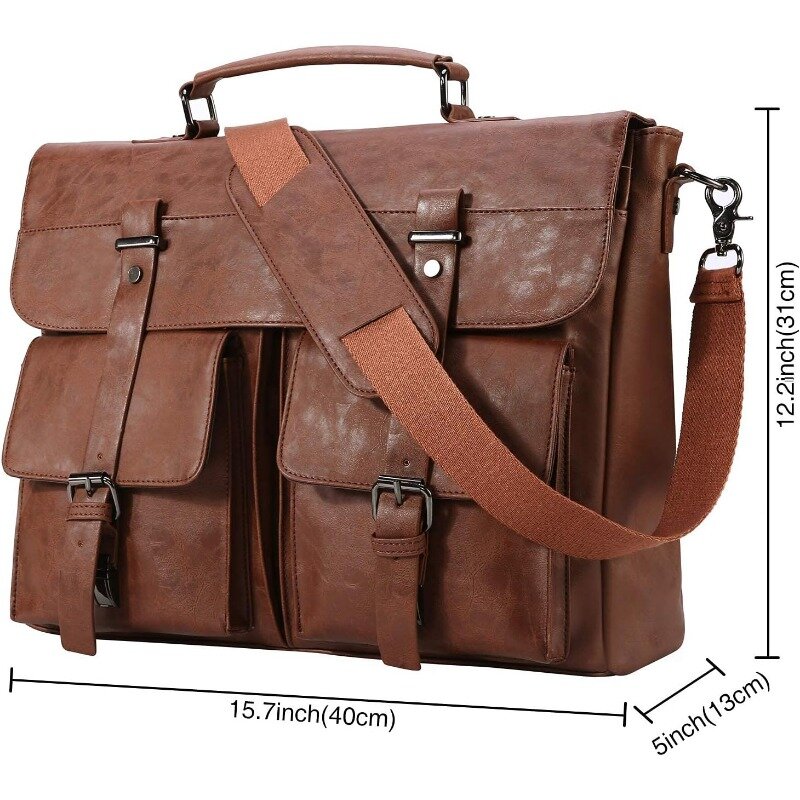 Tas kurir kulit untuk pria, tas koper Laptop Vintage 15.6 inci