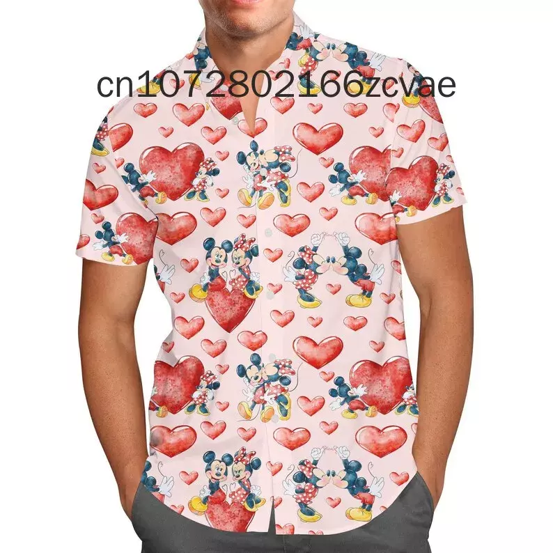 2024 Nieuwe Disney Valentijnsdag Hawaiiaans Shirt Casual Mode Knoop Hawaiian Shirt Heren-En Damesshirt Met Korte Mouwen