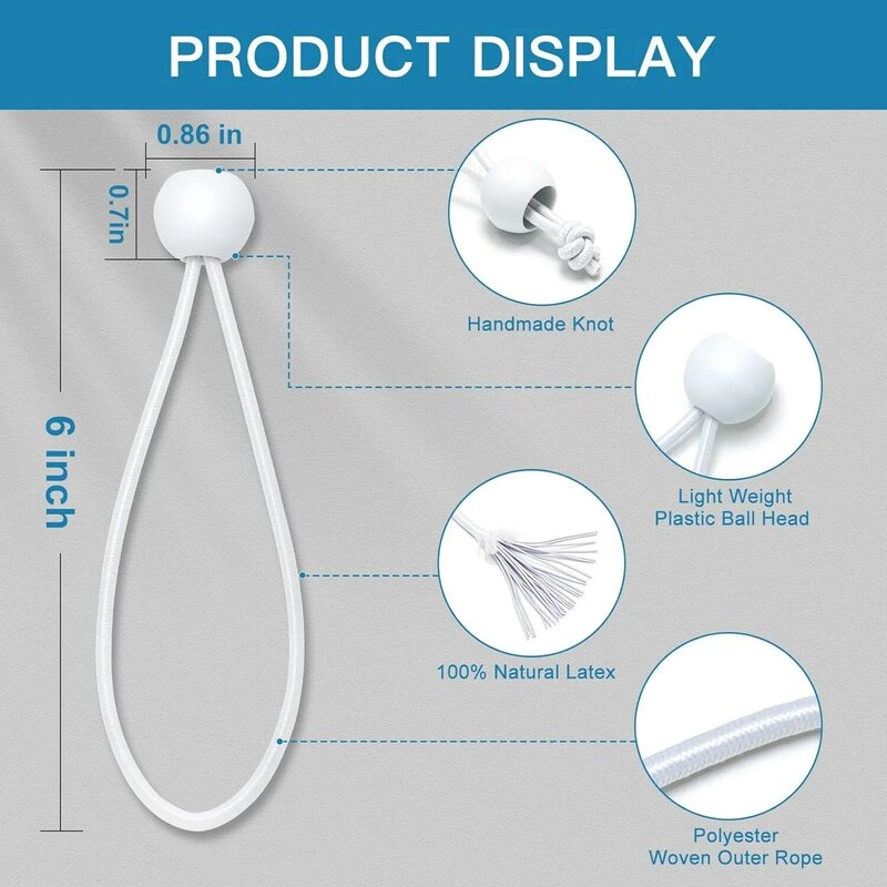 Ball Bungee Cords 6 Inch,50 PCS White Tarp Ball Bungee Ties Heavy Duty Canopy Tie Downs for Camping,Tent Poles with UV Resistant