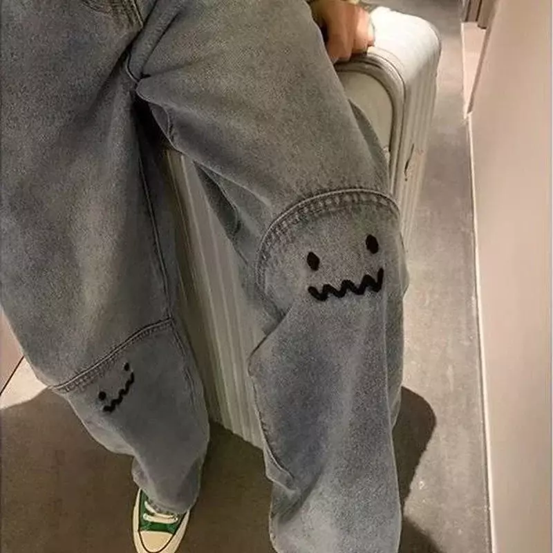 Jeans Smiley bordados para mulher, solto e fino, perna larga, calça de perna reta, na moda, versão coreana, inverno quente, novo, primavera, Y2K, 2022