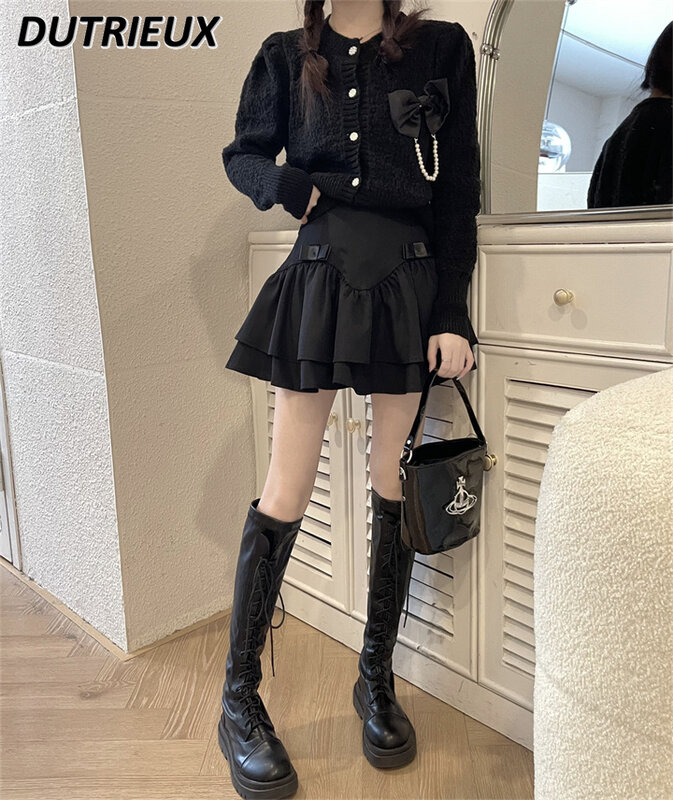 Oversize French Style Sweet Girls Puffy Cake Short Skirt Women's Autumn and Winter Black Slimming A- Line Pleated Mini Skirts