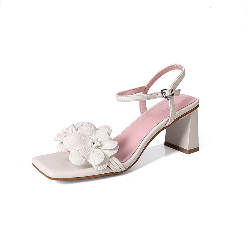 Sandálias artesanais de toe aberto, sapatos de saia quadrada de praia de verão, flor 3D, branco, francês, prata, rosa, 6,5 cm, 34-40, 2024