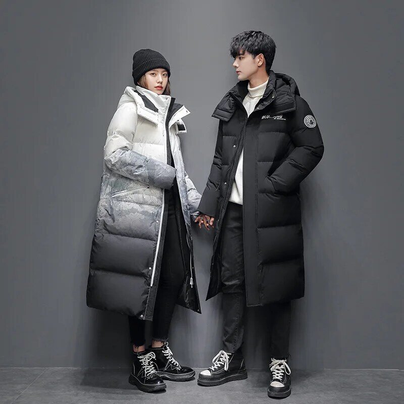Zimowa kurtka puchowa męska średniej długości Over-the-knee 2021 nowa zagęszczona ze wzorem ośnieżonych gór Trend modny płaszcz kurtka