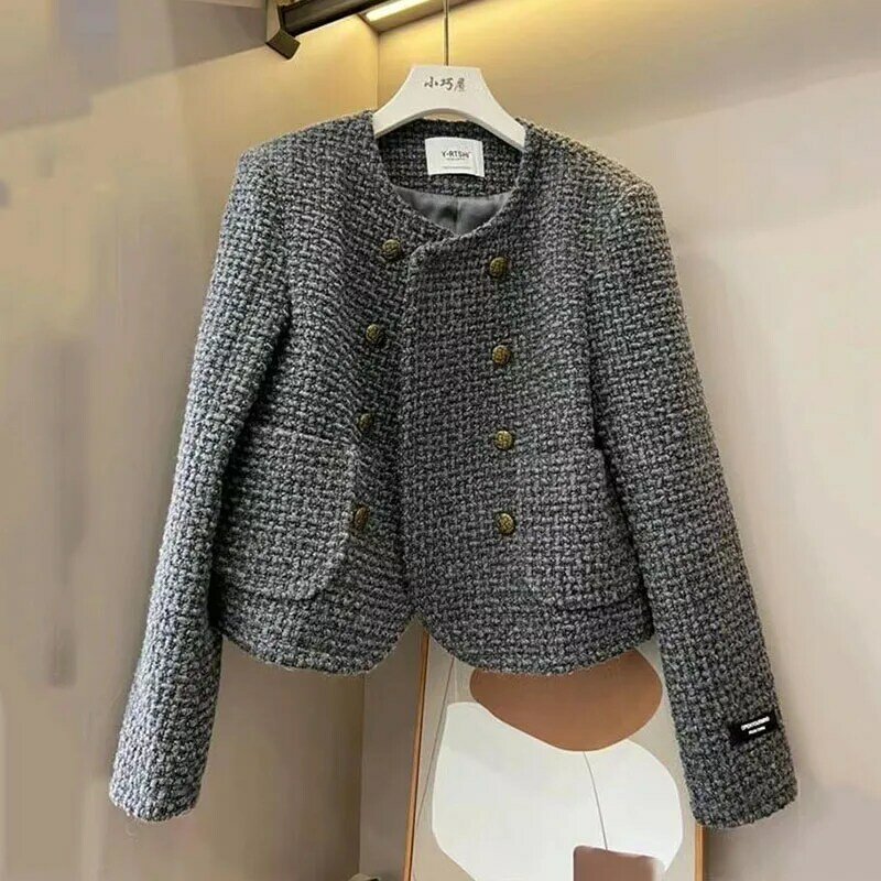 Wiosenny jesienny damski tweedowa kurtka wysokiej jakości długi rękaw mały sweter 2024 nowy damski krótki elegancki wełniany płaszcz bluzki damskie