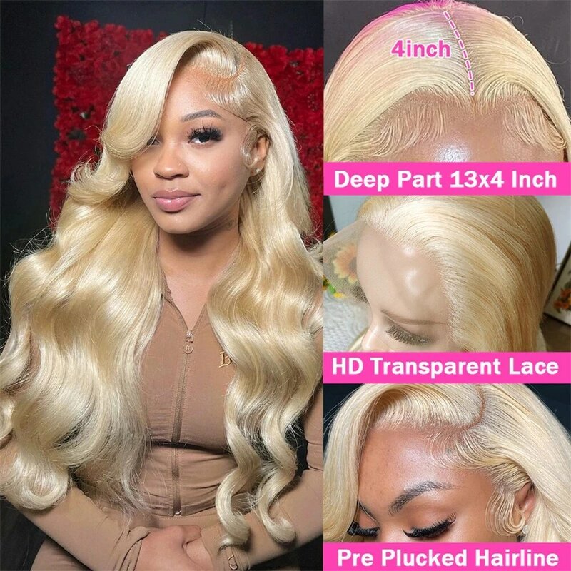 Perruque Lace Front Wig Body Wave brésilienne naturelle, cheveux 613 humains, blond miel, 13x4 HD, 13x4, pre-plucked