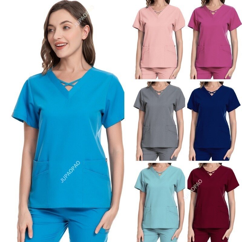 Mulheres Stretch Slim Fit Scrubs Conjuntos, Uniformes Médicos, Médicos Tops, Batas Cirúrgicas, Vestidos Cirúrgicos, Enfermeira Acessórios, Salão, Spa Workwear