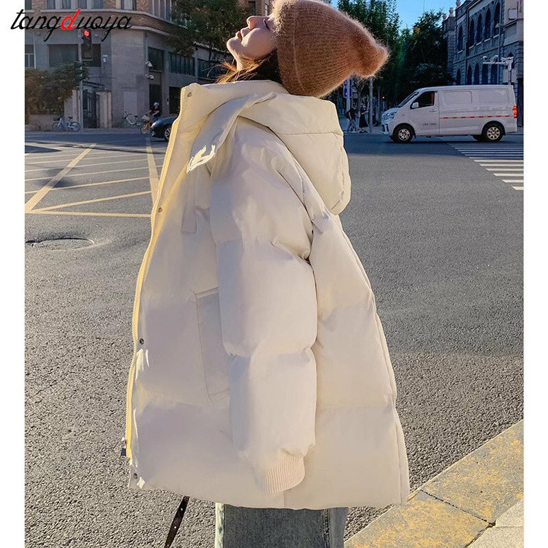 Fashion Winter Hooded Puffer Jacket Women Solid Casual Warm Oversize Parkas Female Korean Loose Long Sleeve Coat Women Clothing
