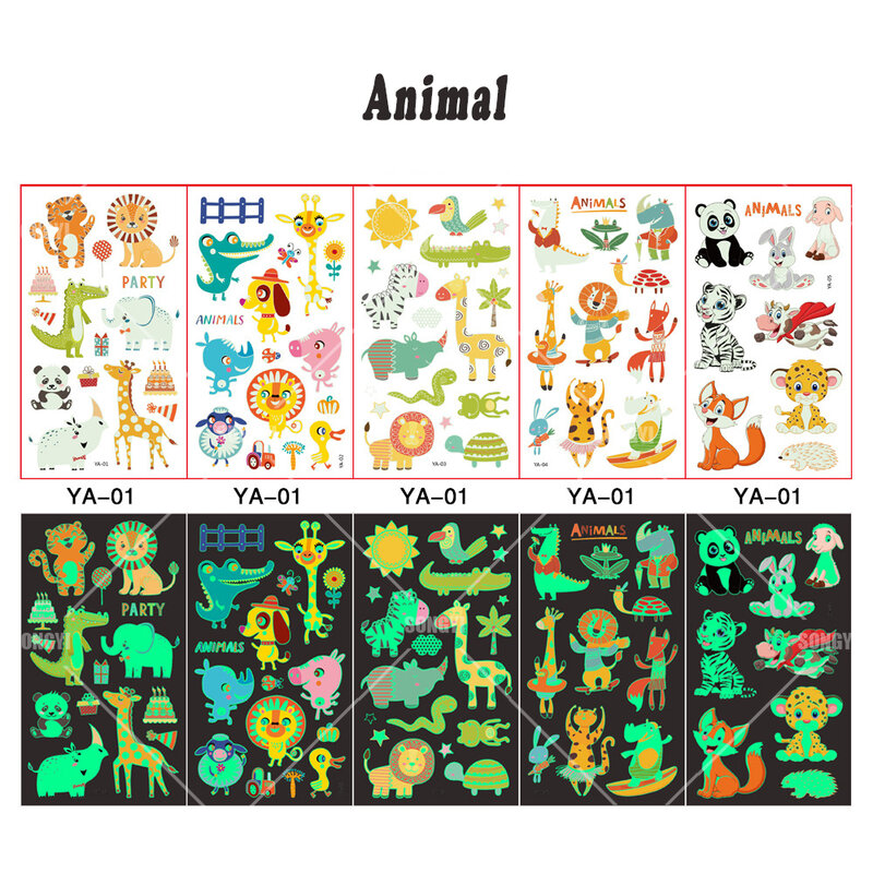 Tatouage Temporaire jetable en forme d'animaux lumineux, 5 feuilles, dessin animé, Lion, girafe, éléphant, lapin, autocollant corporel, étanche