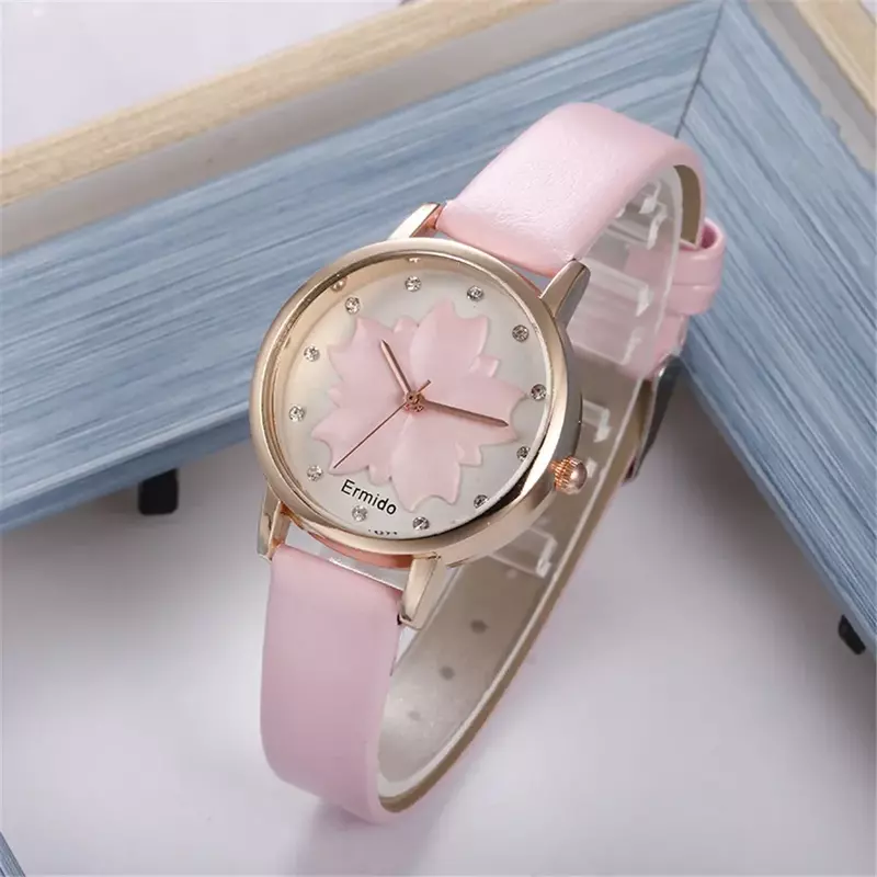 Moda Casual Vintage in pelle orologi da donna quadrante floreale orologi da polso al quarzo da donna semplici puntatore in oro rosa orologio da donna Reloj