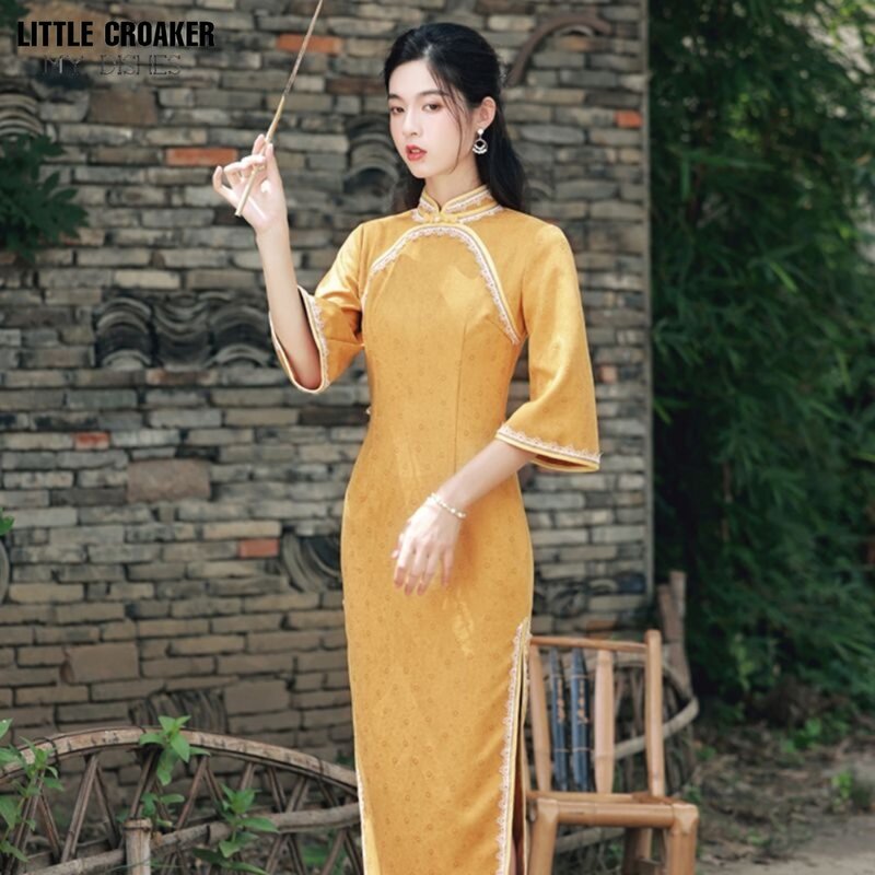 Cheongsam amarelo para mulheres, mangas invertidas, vestido Qipao melhorado para meninas, vestível diariamente, chinês, novo, primavera, 2023