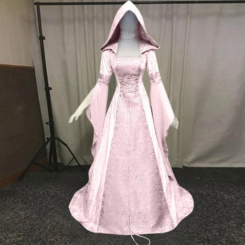 Medieval Renaissance Maxi Train Dress Women Halloween Devil Pagan Witch Wedding Costume Hooded Gown Robe Cosplay Costume