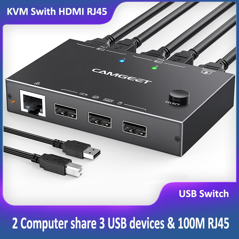 Switch KVM con Ethernet, Switch KVM HDMI 2 porte 4K @ 60Hz, Switch KVM USB per 2 computer, Switcher KVM di rete Ethernet