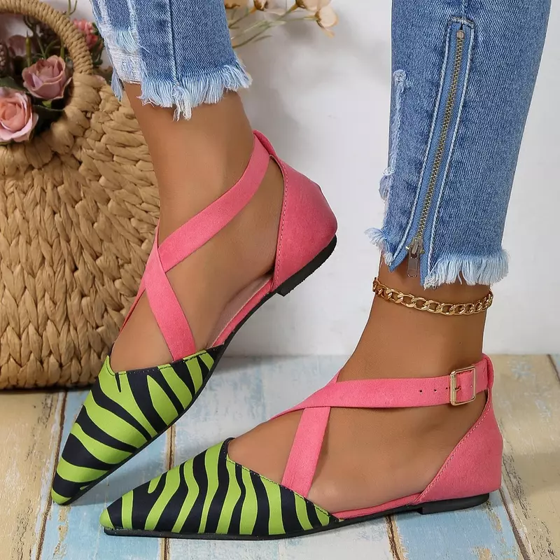 Summer Shoes for Women 2024 New Pionted Toe Ankle Strap Flat Sandals for Women Dress Office Ladies Sandals Casual Low Heel Shoes