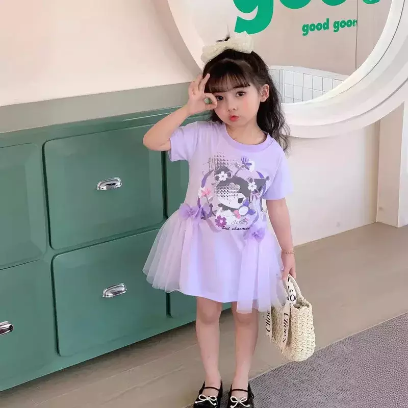 Sanrio wiosenno-letnia sukienka dla dziewczynek z czystej bawełny Kuromi Mesh Princess Dress Melody Hot Diamond Sparkling Cute Children's Dress