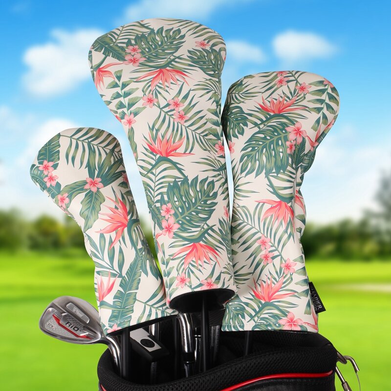 Estilo havaiano Soft PU Leather Golf Club Headcover, Empacote Driver, Fairway Wood Hybrid Covers, 3Pcs Set