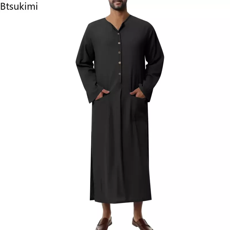 Nowy 2024 męski muzułmański szlafrok z długim rękawem muzułmański Jubba Thobe Casual Kaftan zapinany na guziki jednolity kolor rozcięcie arabskie ubrania dla mężczyzn
