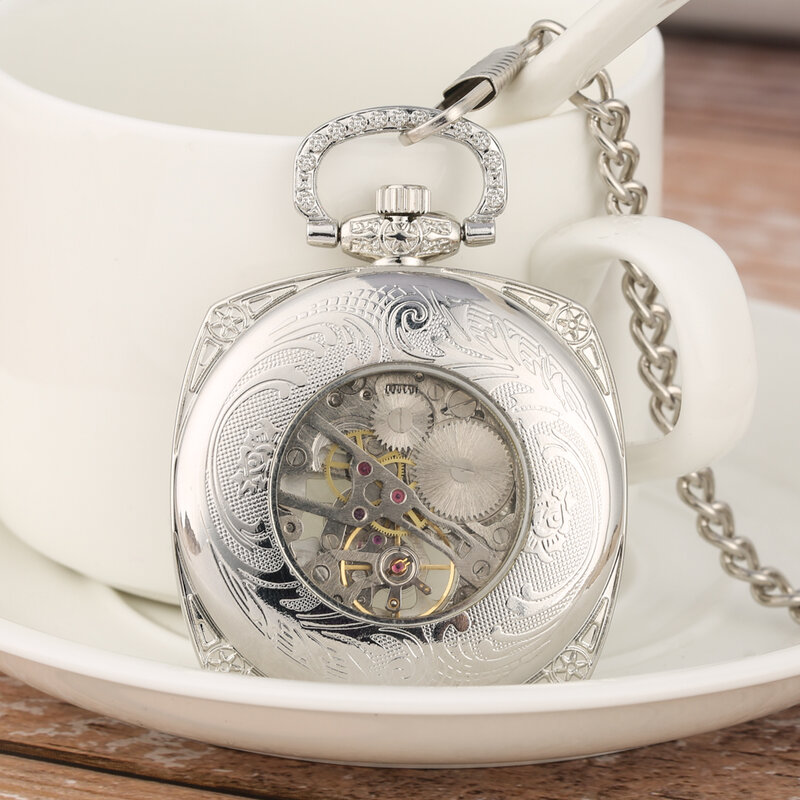 Relógio de bolso mecânico, caixa de relógio quadrada, bronze, prata, estilo antigo, relógio vintage, relógio de corrente Fob, presente para homens