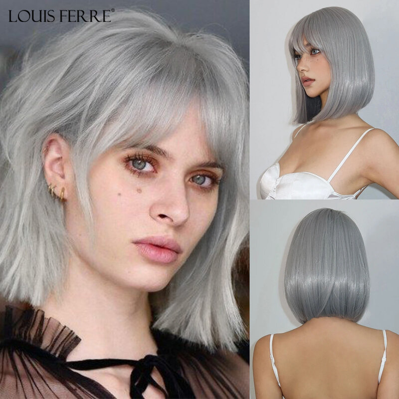 LOUIS FERRE wig sintetik abu-abu perak untuk wanita wig rambut Bob lurus pendek dengan poni wig rambut serat Cosplay harian untuk anak perempuan