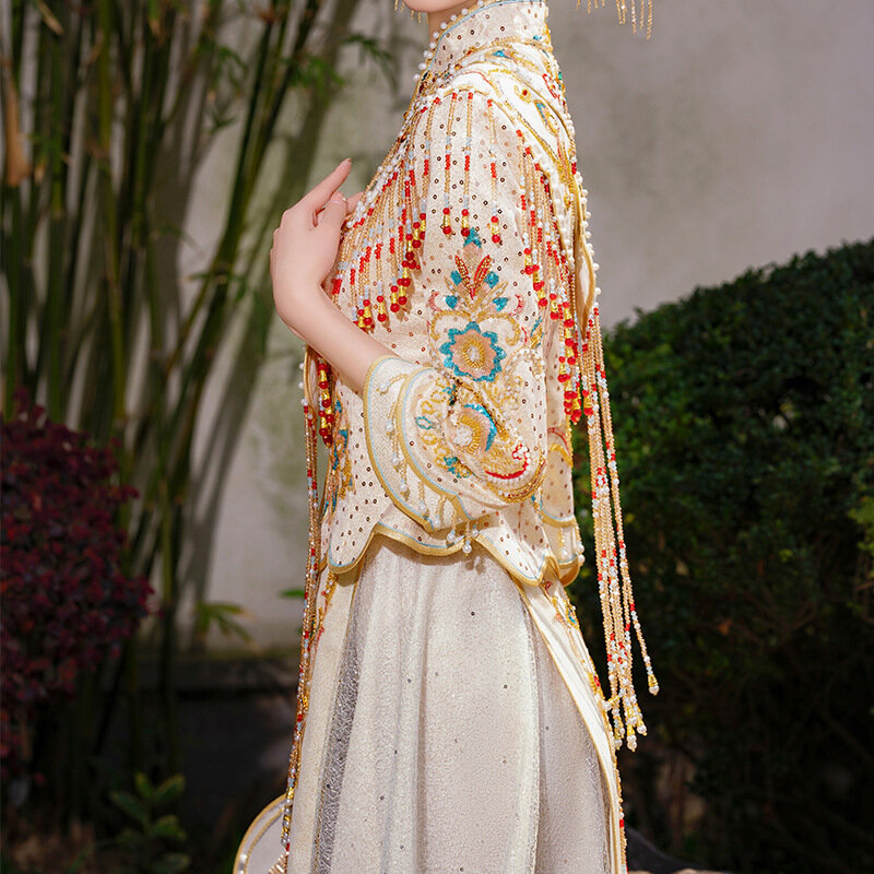 Xiuhe ชุดงานแต่งงานจีนใหม่หรูหราสำหรับเจ้าสาวชุดแต่งงานชุดแต่งงานลายมังกรและนกฟีนิกซ์สำหรับผู้หญิง