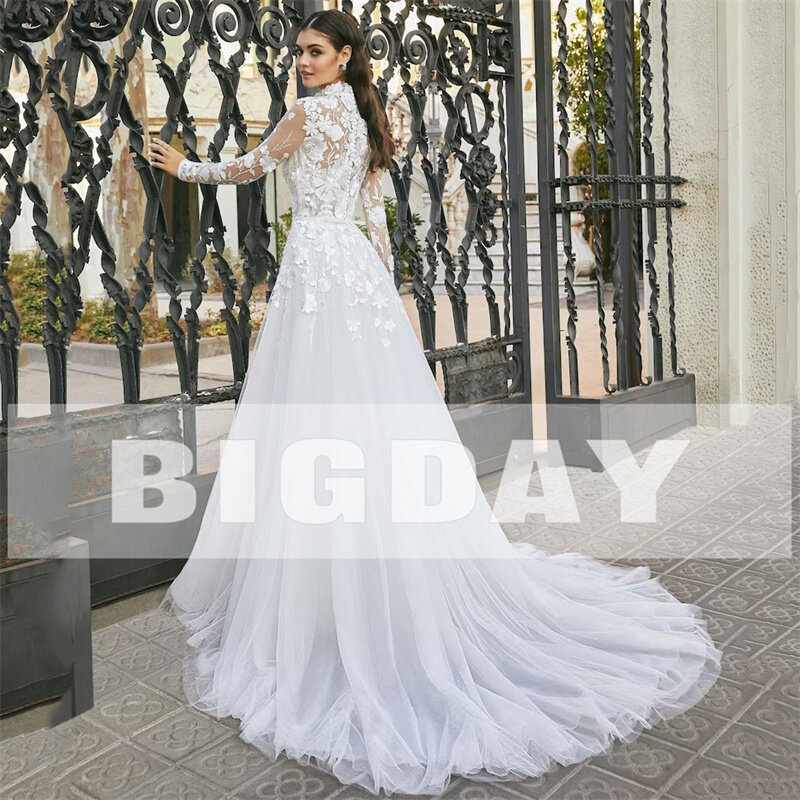 Elegant A-Line Wedding Dresses Women Lace Illusion Back Long Sleeve Lace High Collar Bridal Gown Sweep Train Vestidos De Noiva
