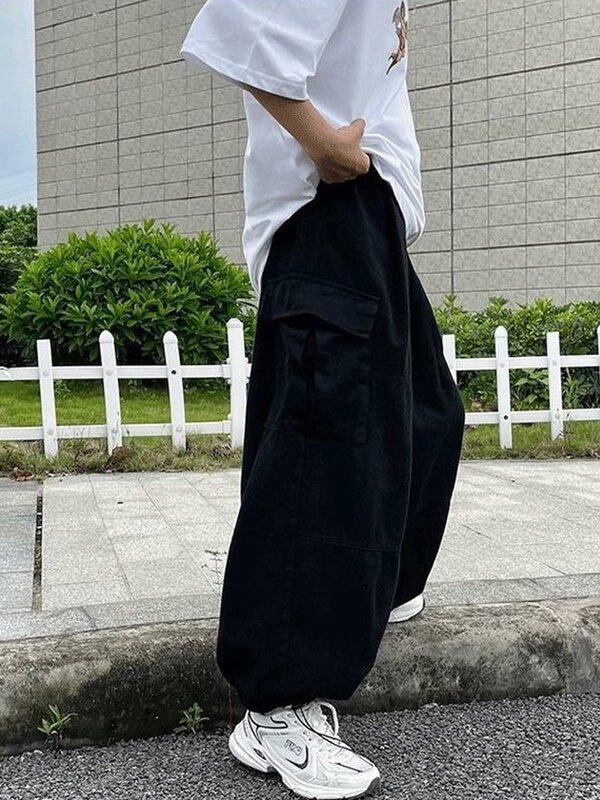 Celana Kargo Khaki Streetwear Harajuku HOUZHOU Celana Panjang Kaki Lebar Hitam Hip Hop Saku Longgar untuk Wanita Fashion Korea