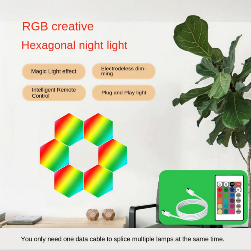 PwwQmm-Luz LED hexagonal RGB para pared interior, luz nocturna con Control remoto, para sala de juegos de ordenador, dormitorio, decoración de cabecera, 10/piezas