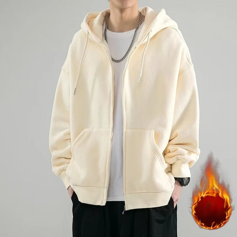 Mens Winter Warm Basic Solid Fleece Hoodie Cardigan Sweatshirt Tide Loose Large Size Jacket Hooded Coat Sweatshirt Tops Jacket