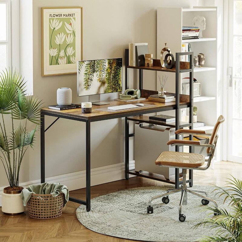 CubiCubi Biurko komputerowe 47 cali z półkami do przechowywania Stół do pisania do domowego biura, nowoczesny prosty styl, rustykalny brąz