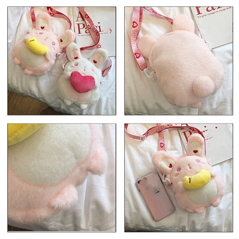 Saco bonito do mensageiro do coelho para meninas, bolsa de ombro, bolsa do coração, branco e rosa, NEW-2X, armazenamento