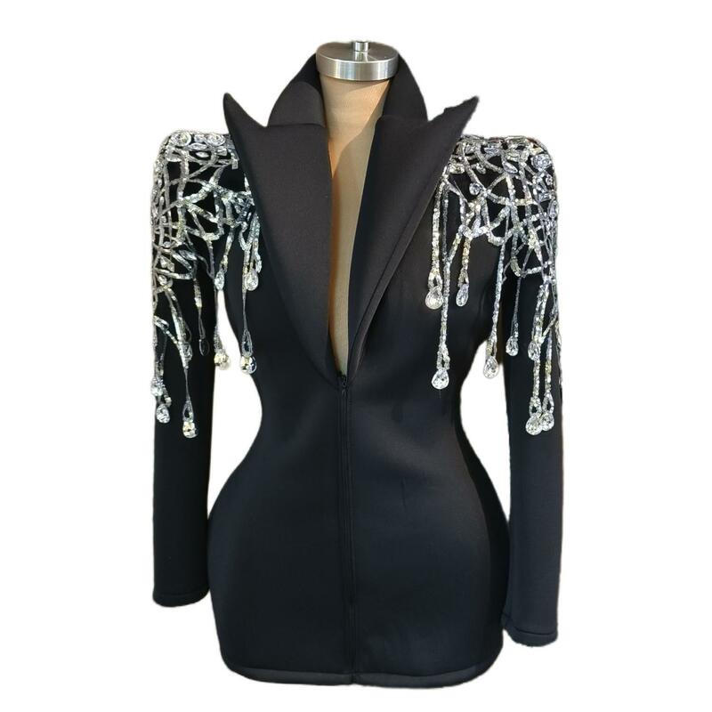 Silver Crystal Tassel Sequins Mini Dress Women Evening Birthday Celebrate Jacket Outfit Women Dance Party Costume Xizhuang