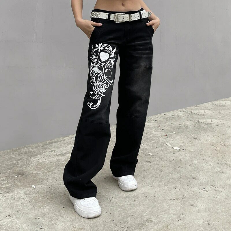 Harajuku impresso jeans de carga para mulheres, Y2K, azul escuro, marrom, cintura alta, streetwear, calças largas, retas, folgadas, 90s