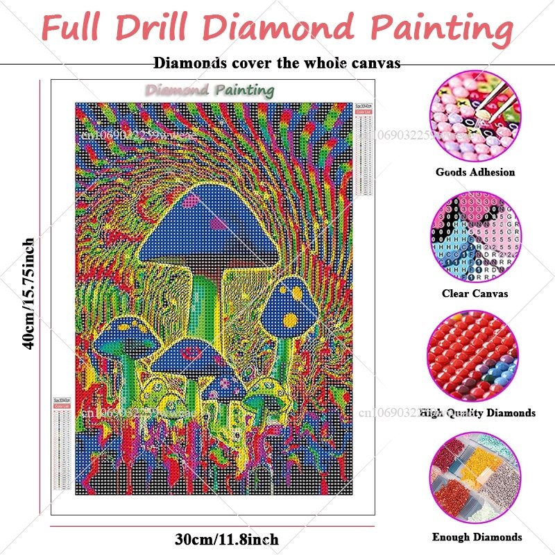 Pintura con diamantes de imitación para decoración del hogar, mosaico bordado con forma de seta, bosque psicodélico, colorido, 2024