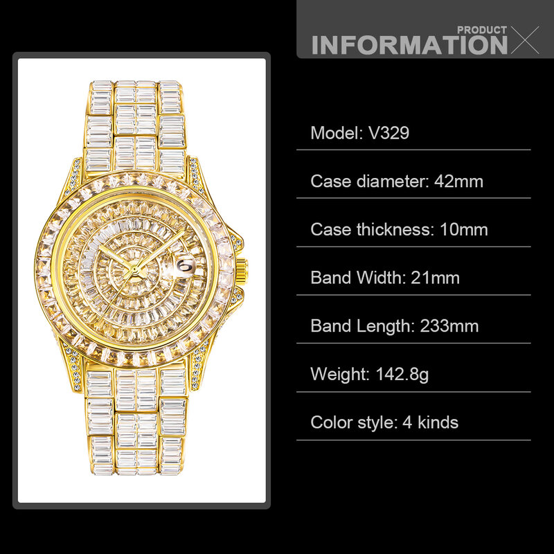 W pełni bagietka diamentowy zegarek dla mężczyzn Top luksusowy złoty automatyczny zegarek kwarcowy ze stali nierdzewnej Hip Hop Ice Out męski zegar