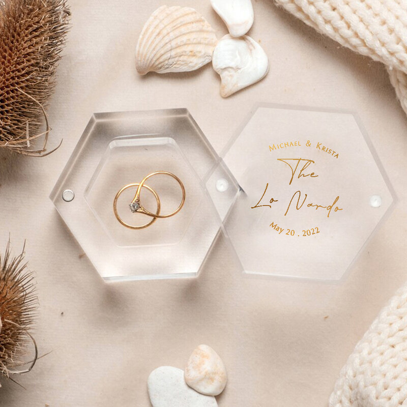 Scatola per anello esagonale trasparente in acrilico personalizzato, scatola per fedi nuziali di fidanzamento personalizzata, decorazione di nozze, regalo nuziale