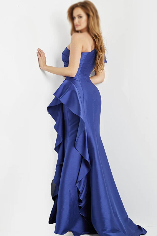 Royal Blue One Shoulder Satin Prom Evening Dresses Women Mermaid Ruffle Floor-length Formal Party Dress for Party