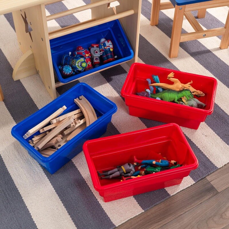 Conjunto de mesa e cadeira de madeira com 4 caixas de armazenamento, mobiliário infantil vermelho, azul, natural