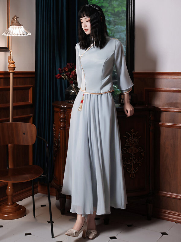 Grey Chinese Cheongsam Bruiloft Lange Mouwen & Mesh Rok Pak Satijn Vrouwen Celebrity Banket Gown Vintage Robe De Soiree