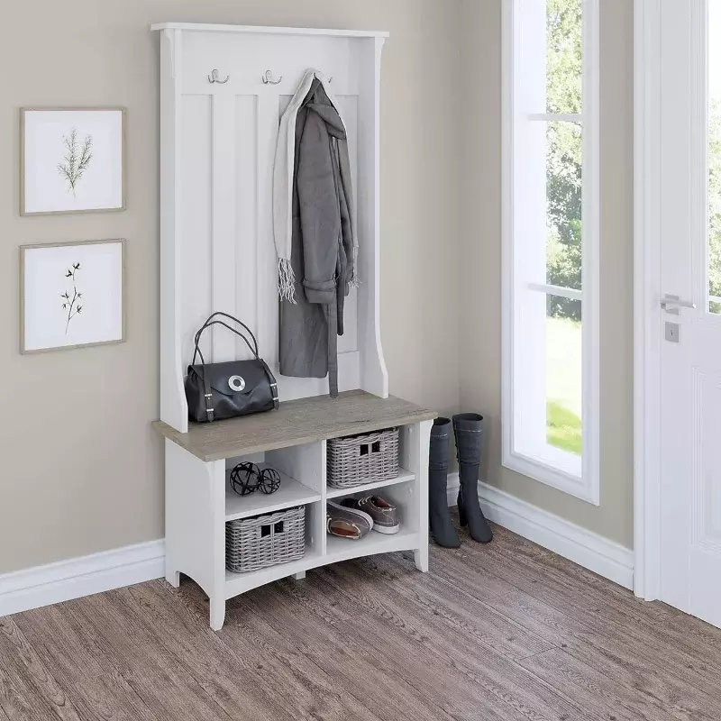 Bush Furniture Salinas Hall Tree Entryway Small Bench with Adjustable Shelves | Coat Rack with 3 Hanging Hooks and Shoe Storage,
