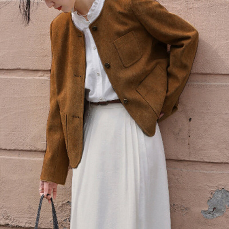 Женская замшевая кожаная куртка, зимнее модное повседневное пальто с высокой каймой, однобортная Женская куртка с круглым вырезом