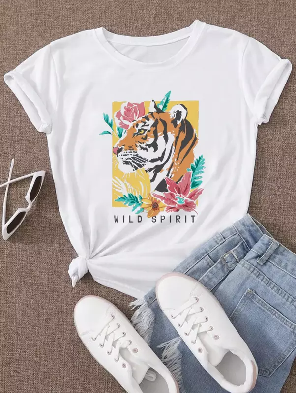 Pure Cotton Tops Streewear Women's Leisure Style New T-Shirt Fashion Cartoon Cute Tiger Print 90s Pattern Short Sleeve Basic Tee