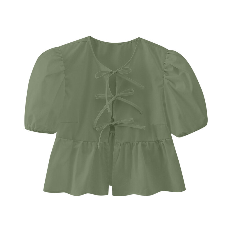 Женская летняя уличная одежда, однотонная ажурная футболка на шнуровке с пышными рукавами, женские топы с круглым вырезом, 2024
