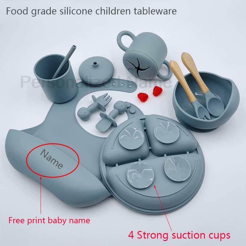 9 buah set makanan silikon bayi, cangkir isap piring mangkuk sendok garpu makanan ringan nama personal peralatan makan bayi