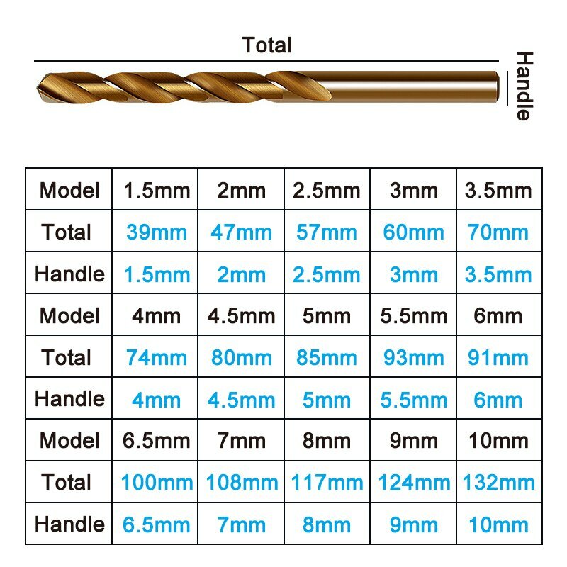 Straight Shank Twist Drill Set, aço de alta velocidade, moagem completa, ferramenta de abertura de furos, cobalto, amarelo torrado, m35, 15 pcs, 1,5-10mm