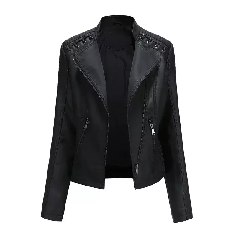 Jaket kulit PU wanita, mantel Trench jaket kardigan sepeda motor Mode Korea, pakaian luar pengendara sepeda motor ritsleting musim dingin 2023