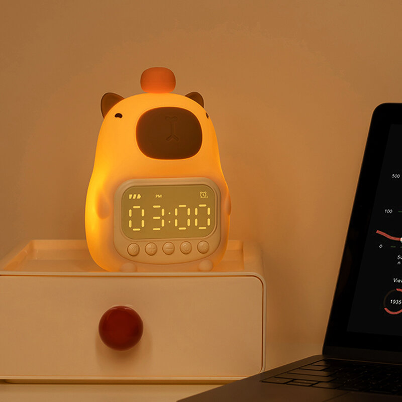 Capybara-reloj despertador con luz nocturna para niños, lámpara de noche con forma linda, sincronización de carga, iluminación de Snooze, decoración de escritorio, regalo para niños