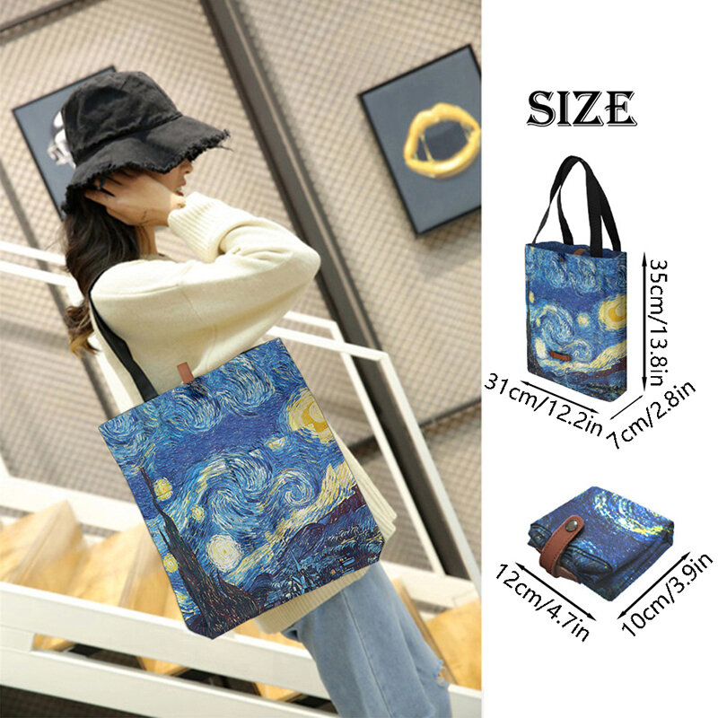 Bolsas de poliéster con estampado de Van Gogh, bolso de compras reutilizable para comestibles, bolsas de hombro, bolsa de almacenamiento para el hogar, 1 unidad